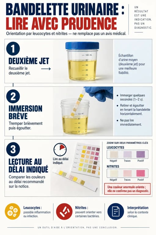 Bandelette urinaire infection : prélèvement, lecture des leucocytes et des nitrites