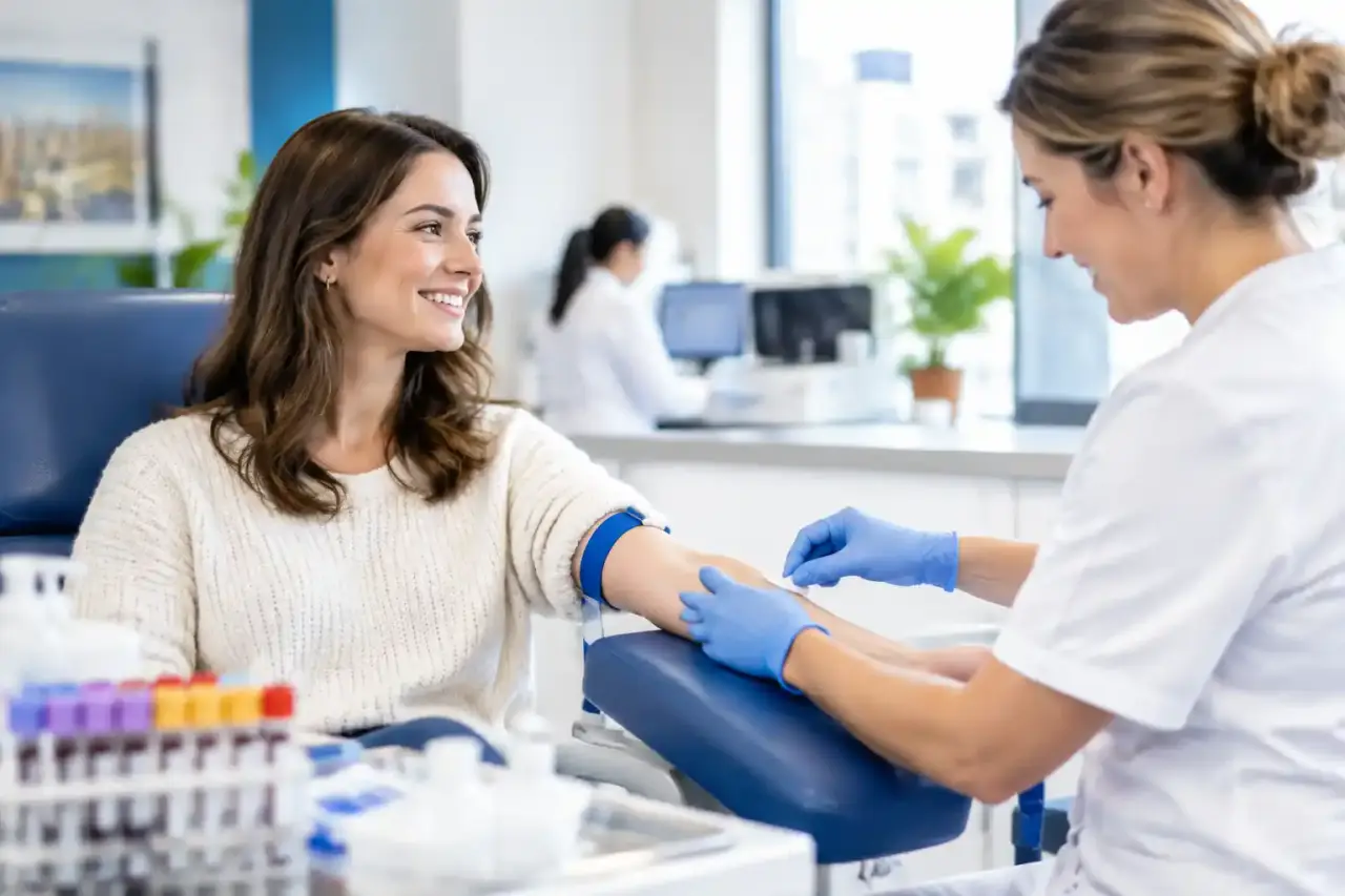 Patient se préparant sereinement à une prise de sang dans un laboratoire moderne