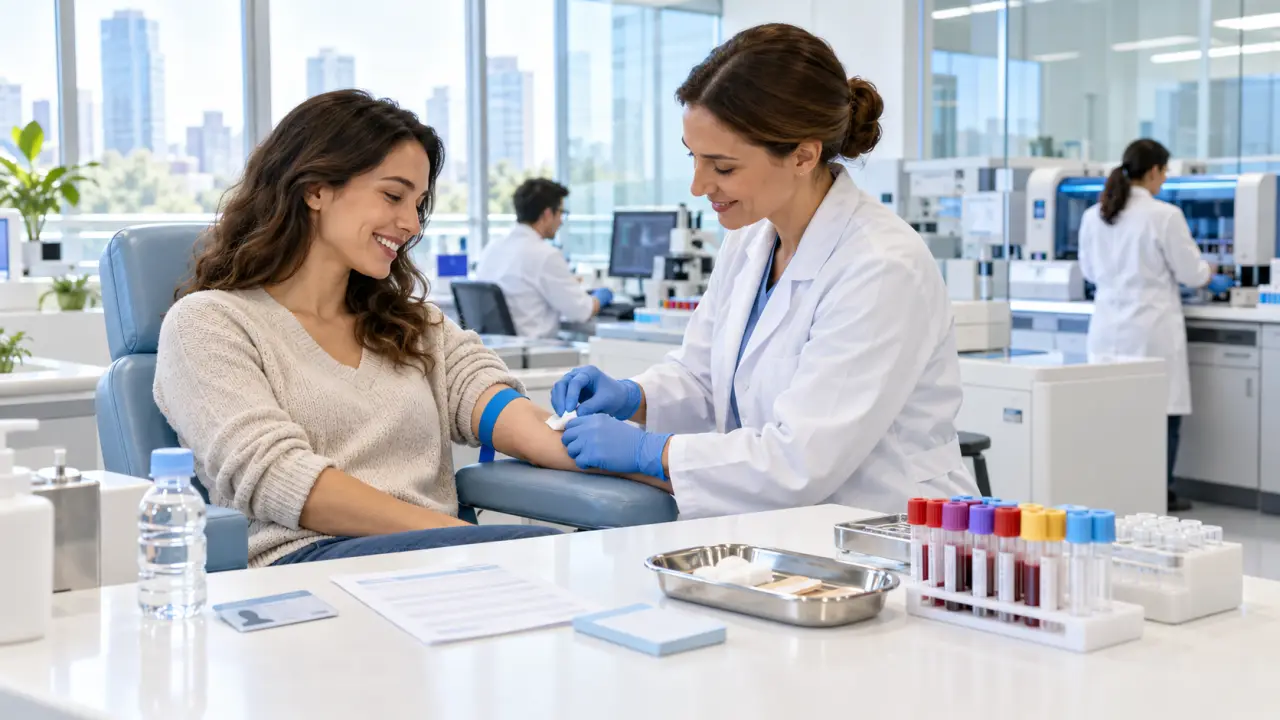 Patient se préparant sereinement à une prise de sang dans un laboratoire moderne