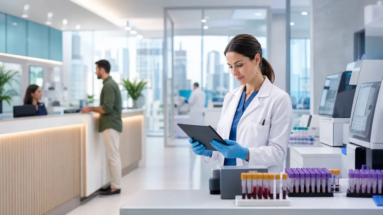 Laboratoire d'analyses médicales moderne, lumineux et rassurant