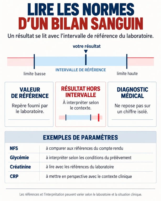 Infographie sur les bilans sanguins normes et la différence entre valeur de référence et diagnostic