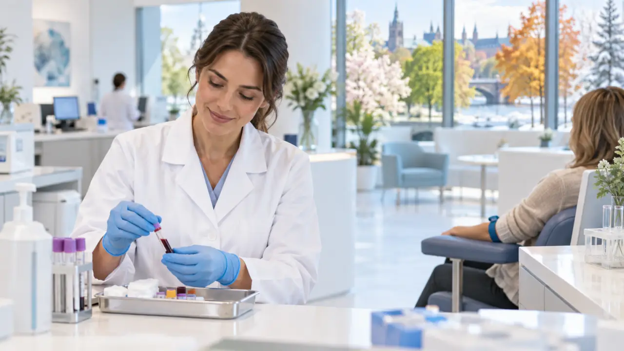 Professionnel de laboratoire analysant des tubes sanguins sur un plateau technique moderne