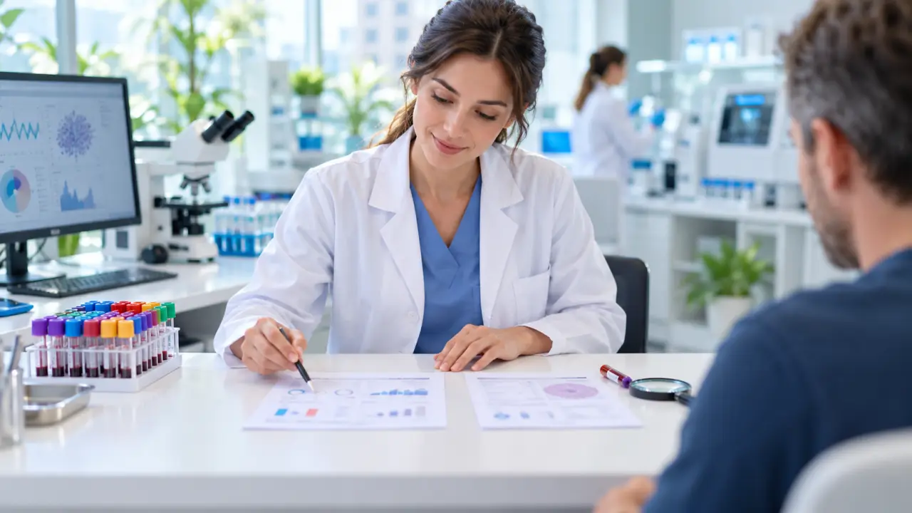 Professionnel de santé préparant des tubes pour une analyse biologique